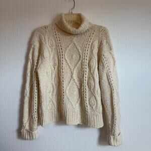 Vintage Neiman Marcus Hand Knit Cream Cable Knit Turtleneck Pullover Sweater S